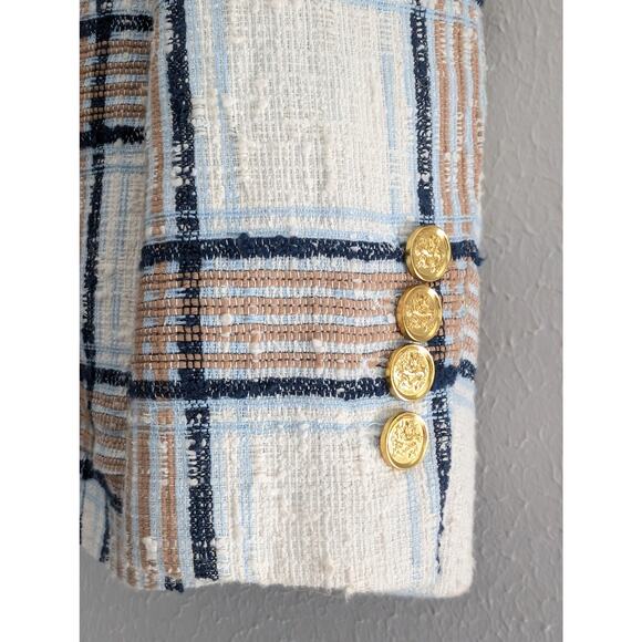 Smythe Portrait Neck Chesterfield Plaid Blazer Sz 8 Check White Brown Blue $695 - Picture 9 of 11